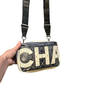 CHANEL Black and Cream Quilted Logo Crossbody  Bag